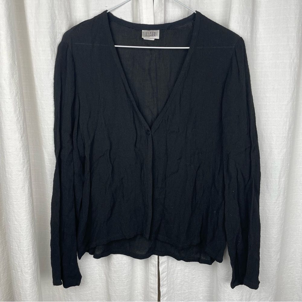 EILEEN FISHER Top S Textured Rayon V-Neck One Button Long Sleeve Black USA VTG